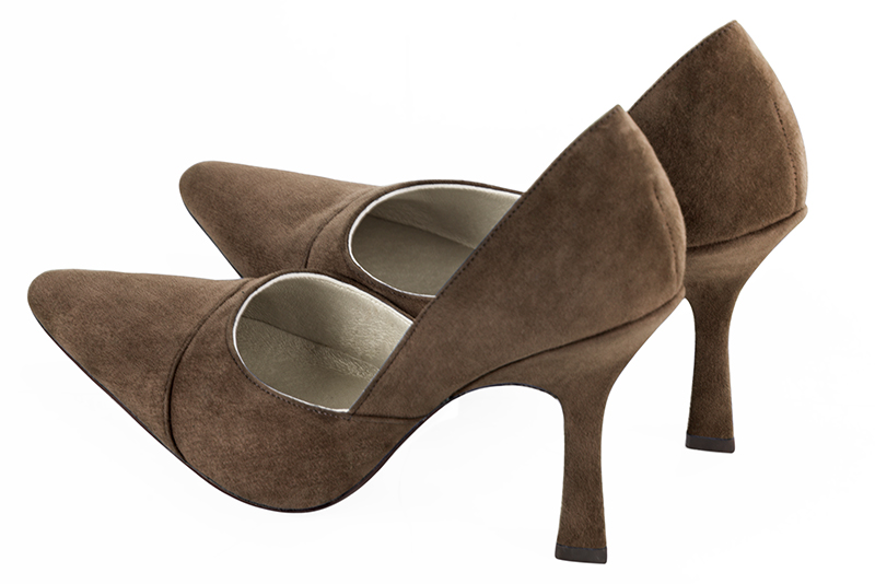 Chocolate brown women's open arch dress pumps. Tapered toe. Very high spool heels. Rear view - Florence KOOIJMAN